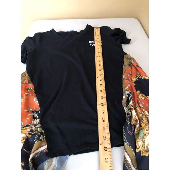 Zara Fashion black t-shirt with a colorful patterned scarf design SZ S - Picture 7 of 9
